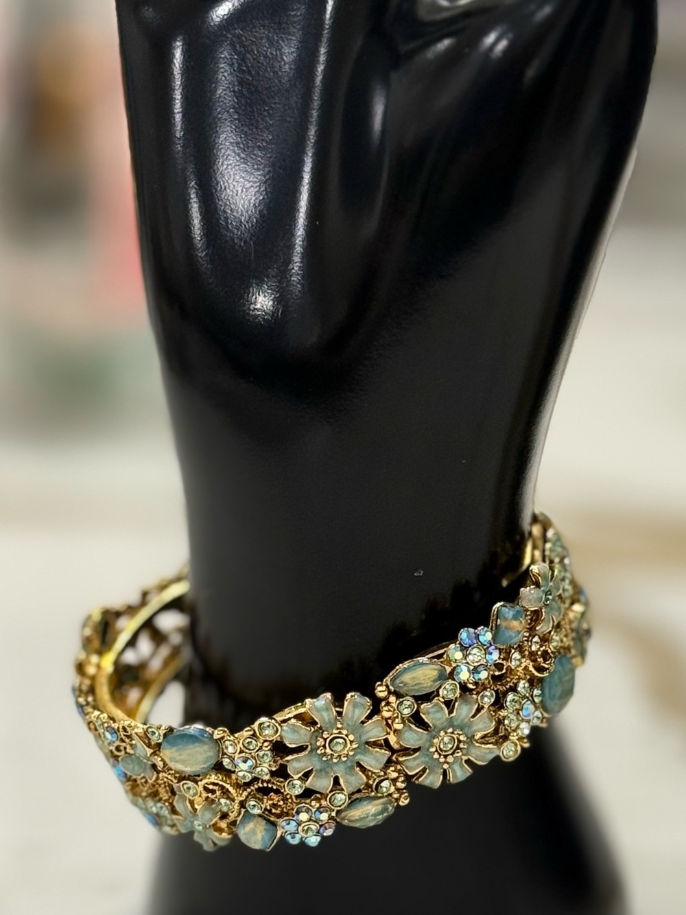 Gold-Tone Blue Floral Crystal Hinged Bangle Bracelet - Picture 3 of 6